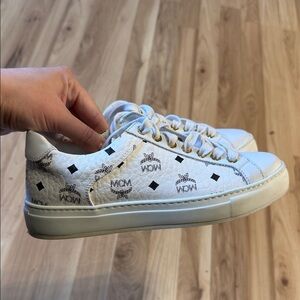 Authenticated MCM White and Black Logo Sneakers